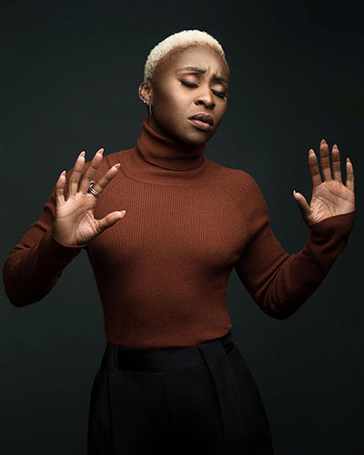 Cynthia Erivo in 525 America Ribbed Turtleneck Sweater