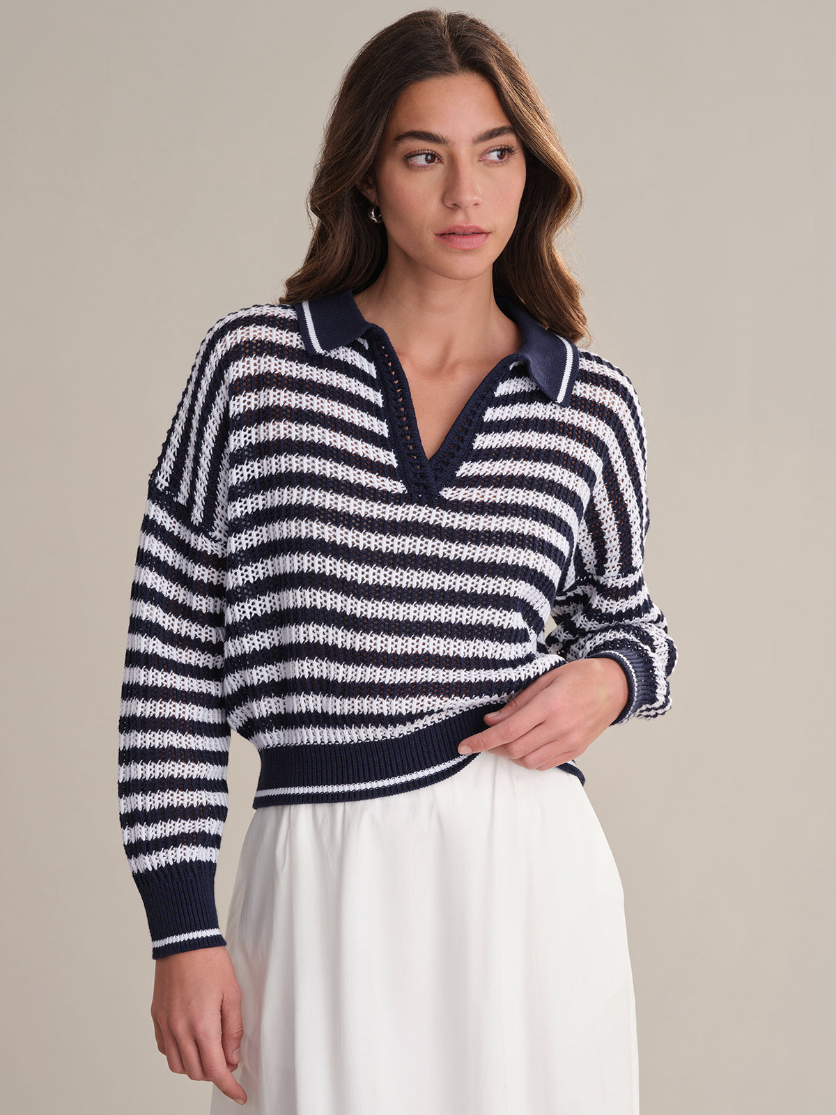 525 America Kimberly: Cotton Stripe Open Stitch Polo Sweater