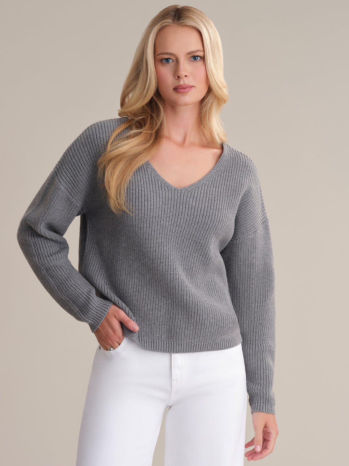 525 America Ava: V-Neck Shaker Stitch Cotton Sweater