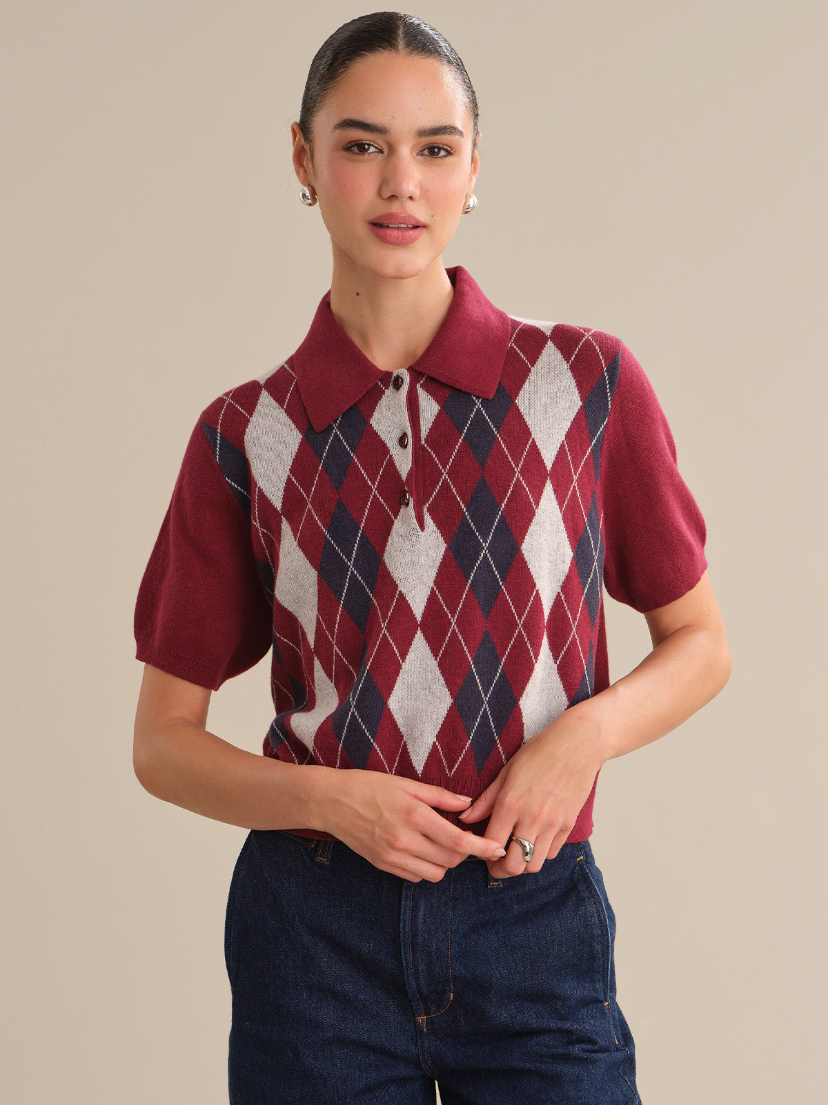 525 America Carmine: Cashmere Blend Argyle Polo Shirt