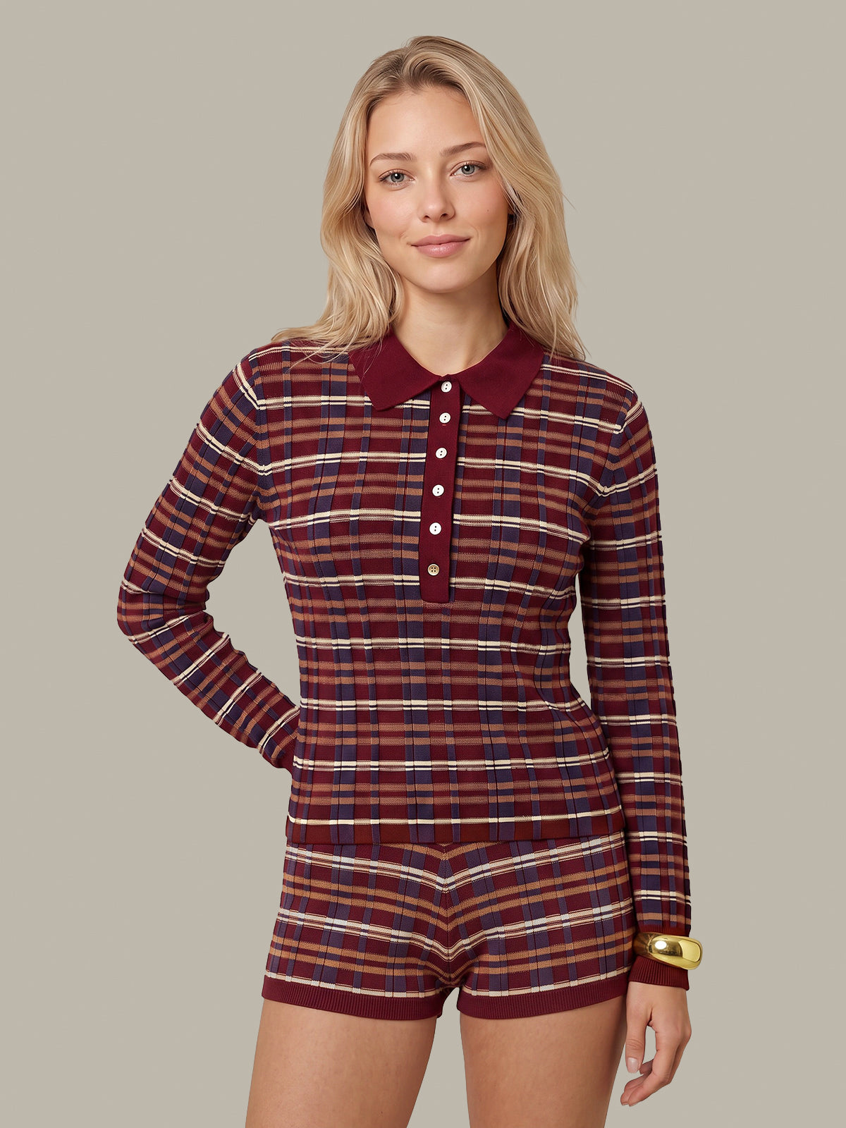 Sienna Plaid Rib Polo Top