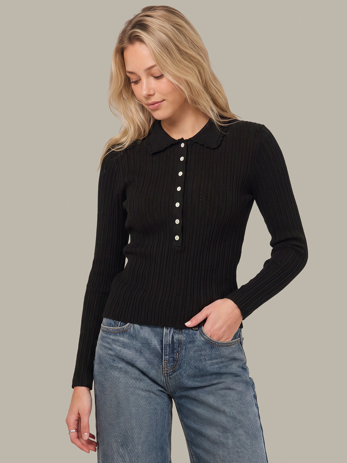 Tabitha Crochet Collar Long Sleeve Henley