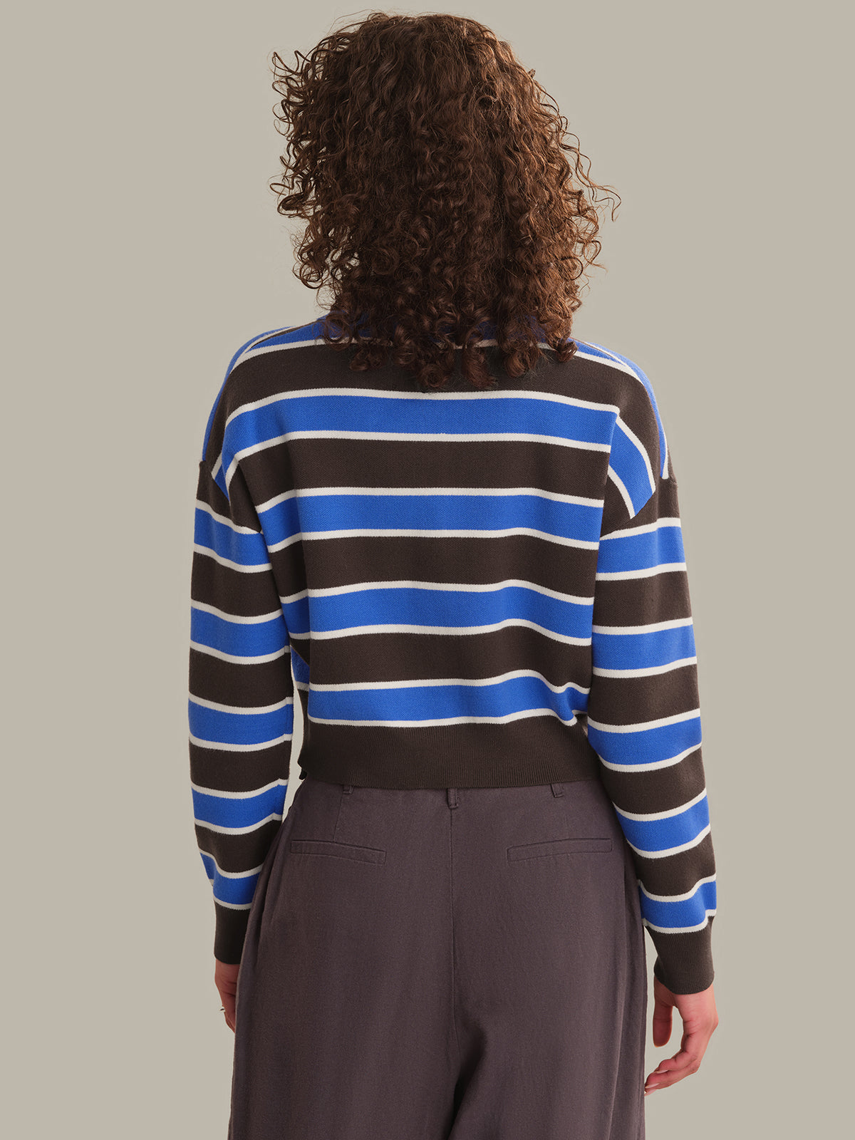 A person shown from the back wearing a cropped long-sleeve knit top with horizontal stripes in dark brown, royal blue, and white, paired with dark gray trousers, against a solid light gray background.