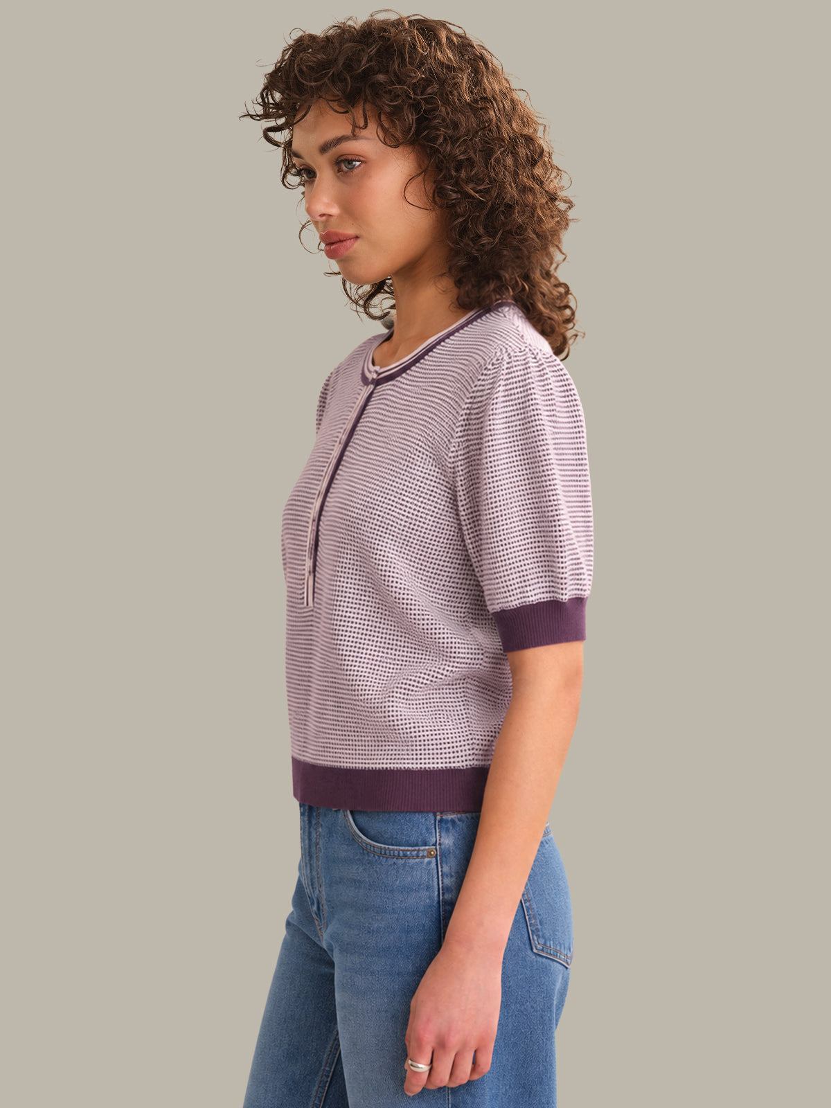 Grayson Tweed Like Puff Sleeve Henley