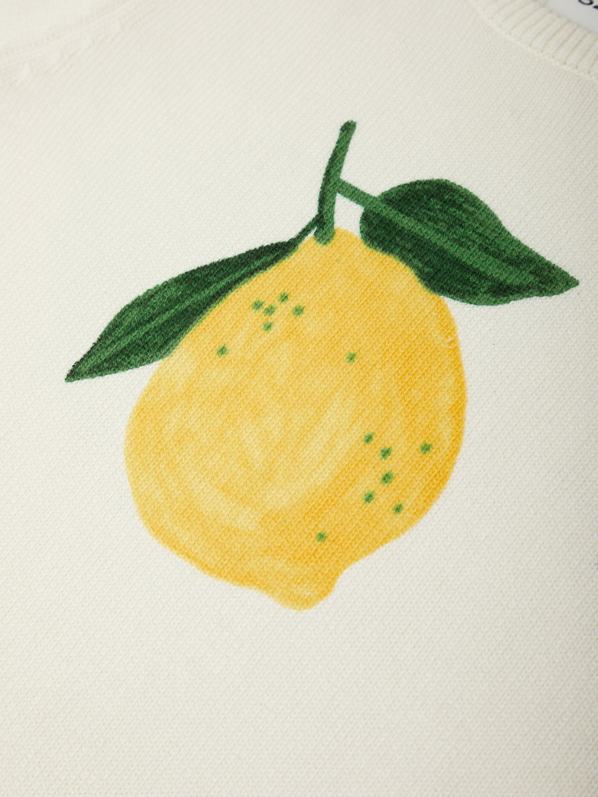 Embroidered lemon with green leaves on a white background