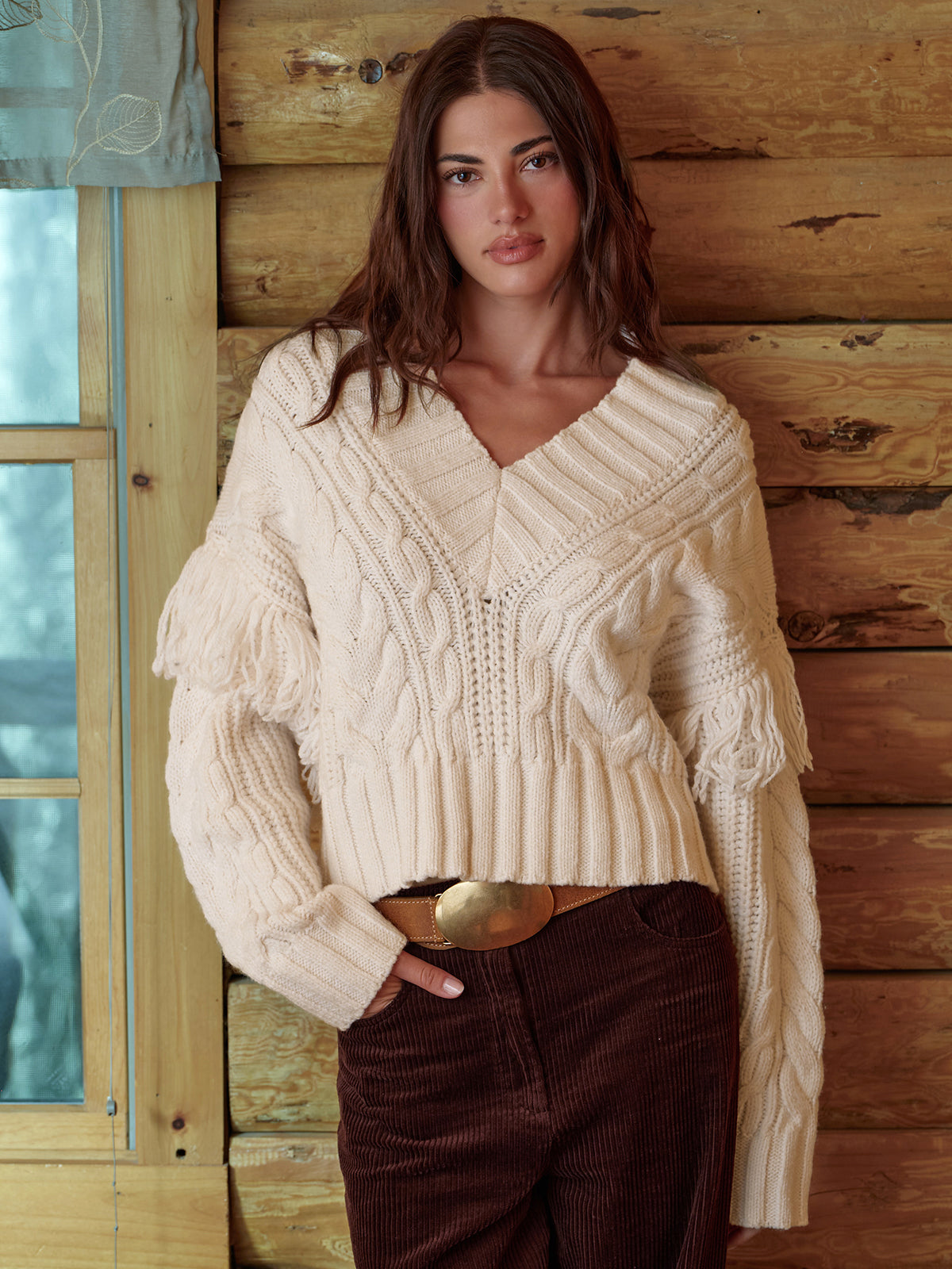 Marceline Cable V-Neck With Fringe