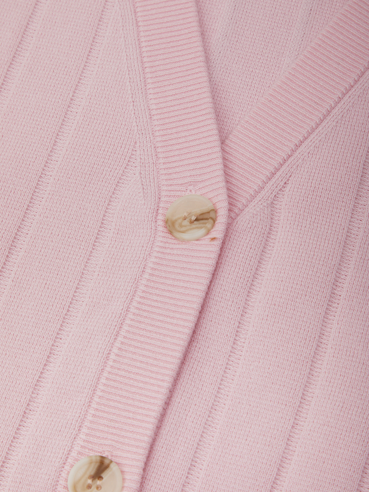 Close-up of a pink ribbed cardigan with a button detail