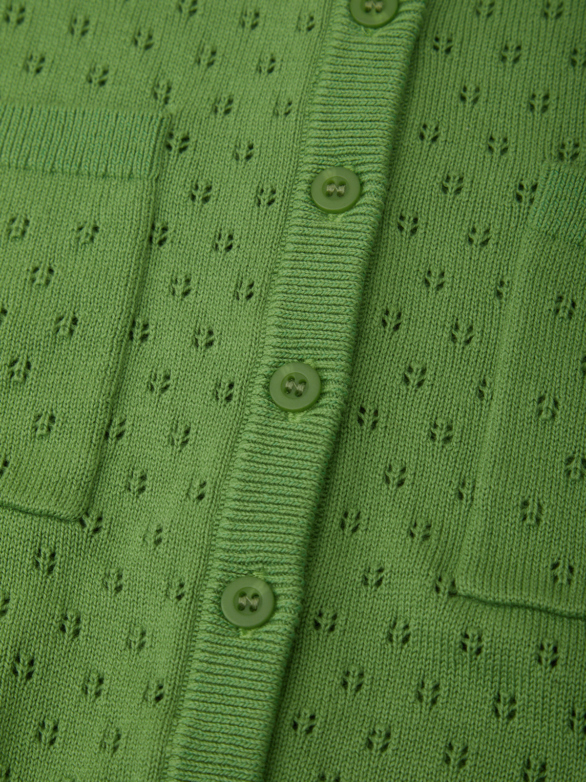 Close-up of a green textured garment with button details