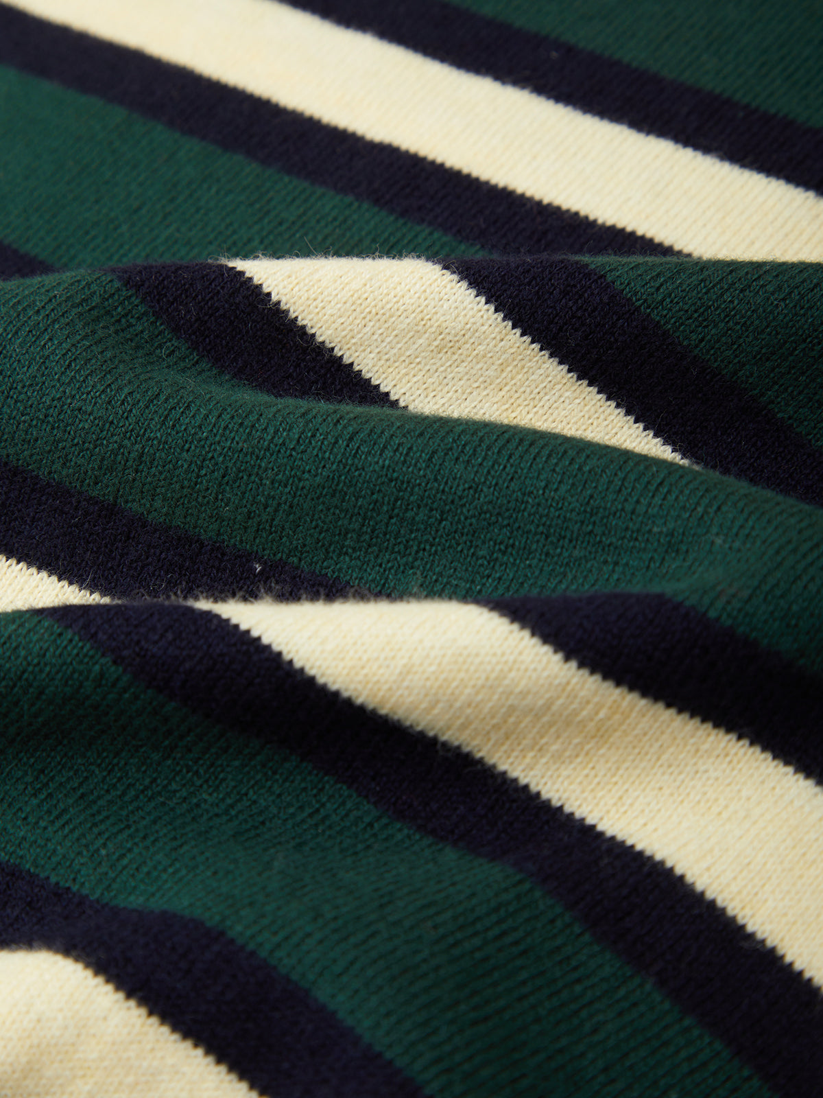 Close-up of a striped knit fabric with alternating dark green, navy blue, and cream diagonal stripes.