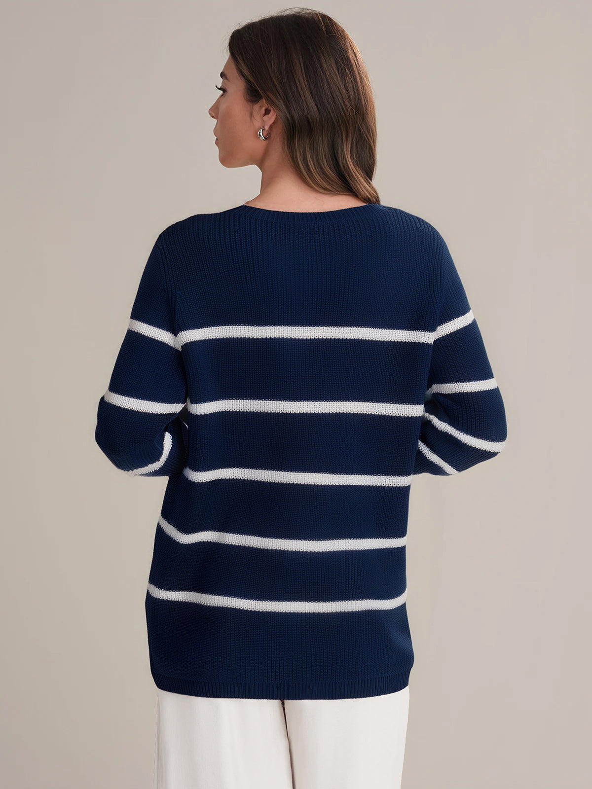 Emma: Stripe Crewneck Shaker Stitch Cotton Sweater