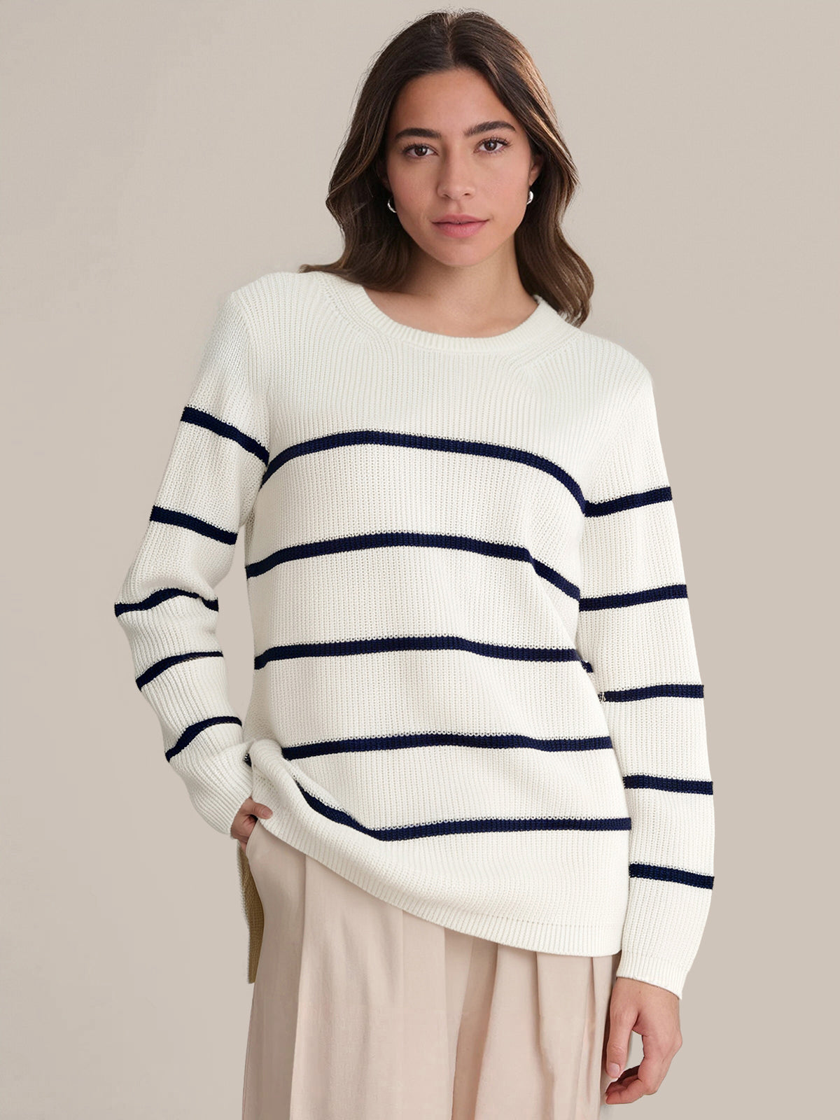 Emma: Stripe Crewneck Shaker Stitch Cotton Sweater