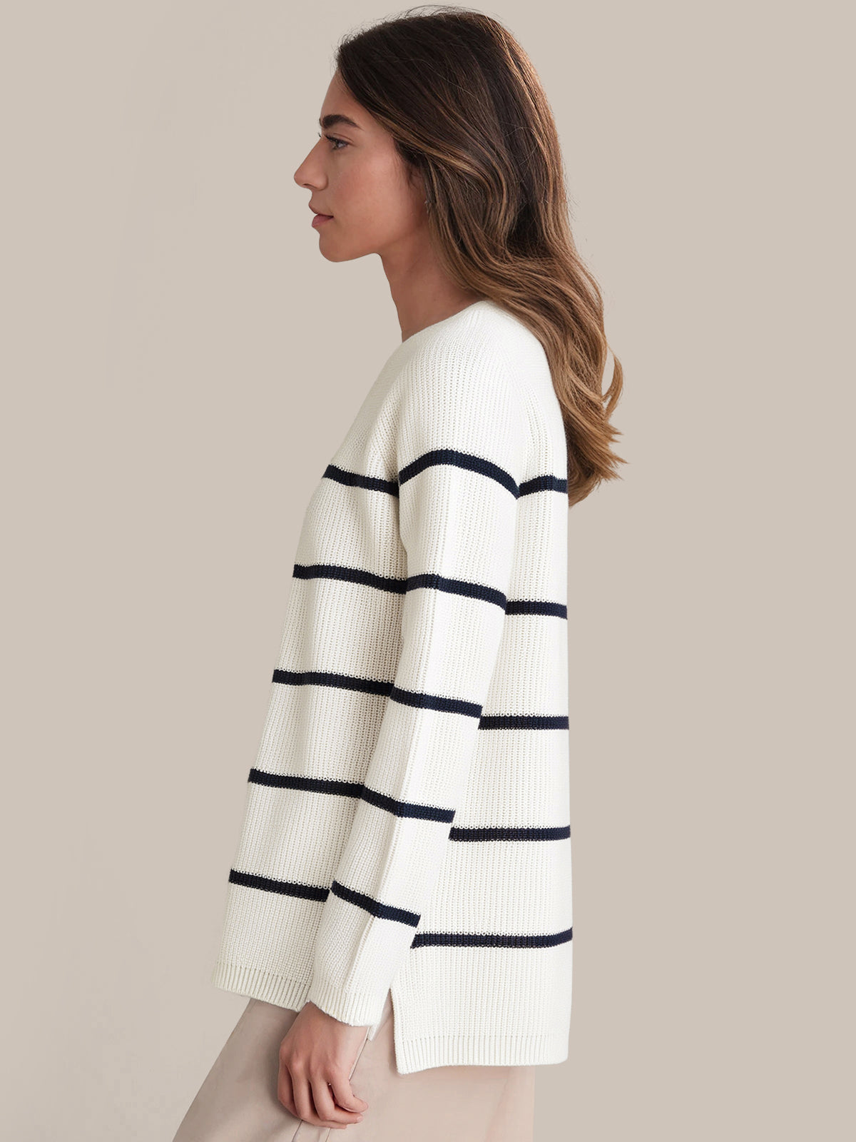Emma: Stripe Crewneck Shaker Stitch Cotton Sweater