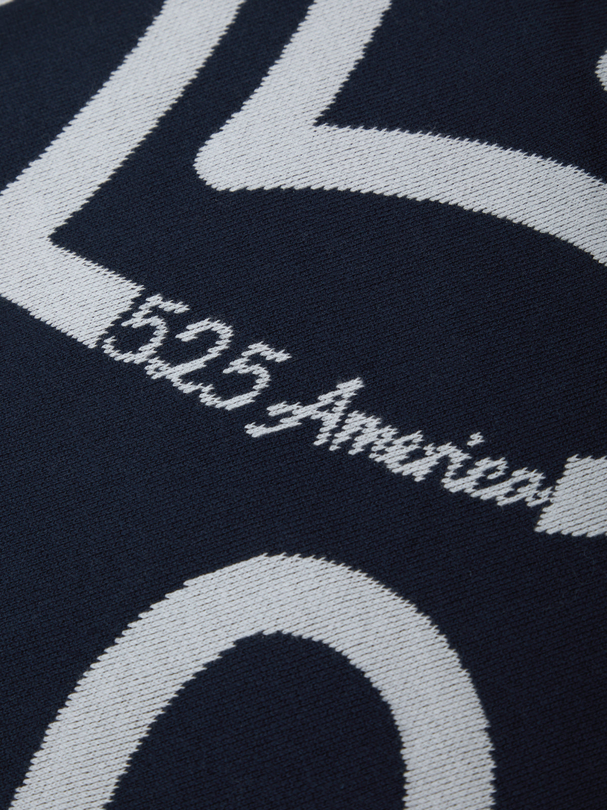 Close-up of a dark fabric with white geometric patterns and '1505 America' text.