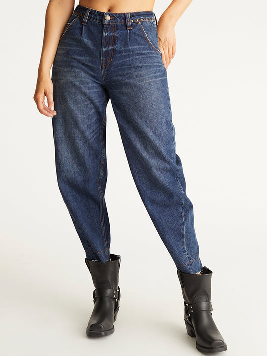 Studded-Waist Barrel-Leg Cotton Denim Jeans