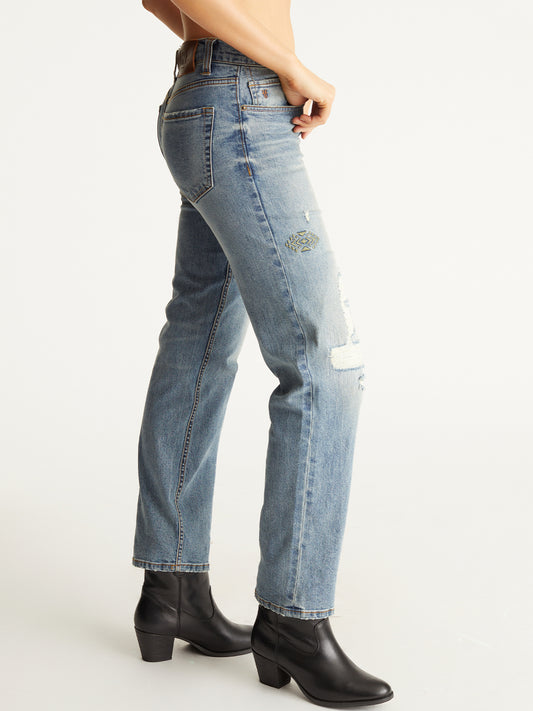 Destructed Embroidered Straight-Leg Denim Jeans