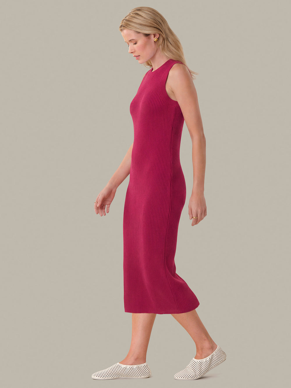 525 America Emma: Crewneck Shaker Stitch Cotton Tank Dress Ruby Red / S