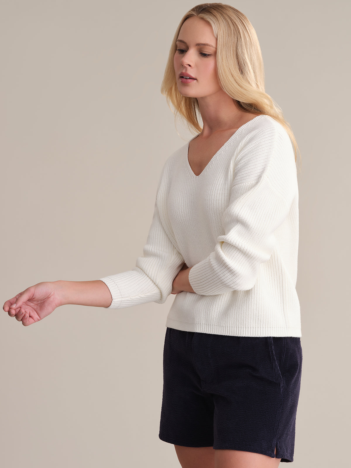 Ava: V-Neck Shaker Stitch Cotton Sweater