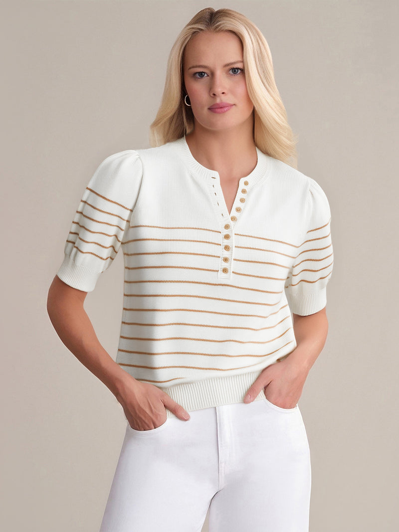 Angel Wings Round Neck Shoulder Button Striped Pullover Sweater main image 1