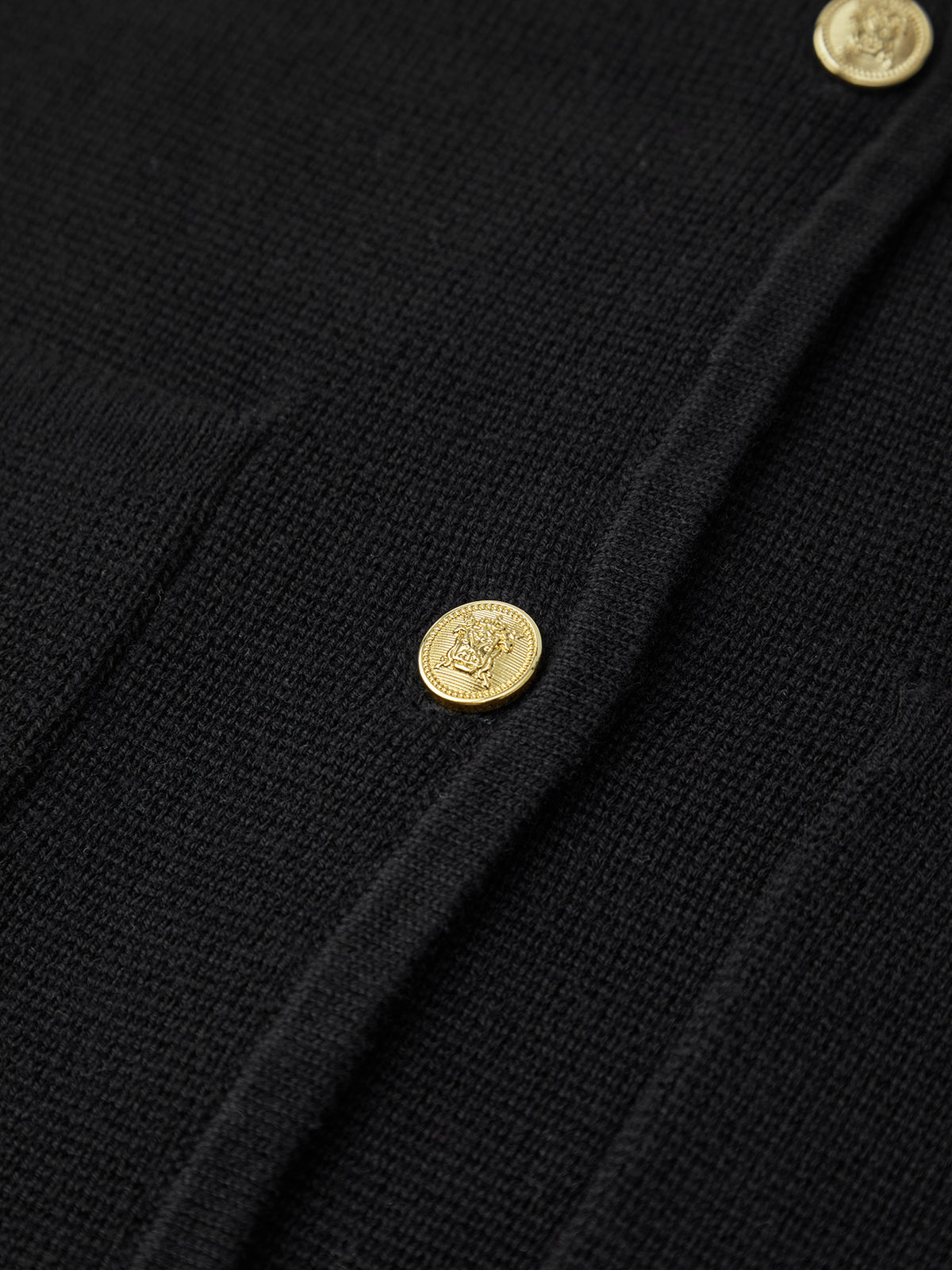Close-up of a black coat with gold buttons