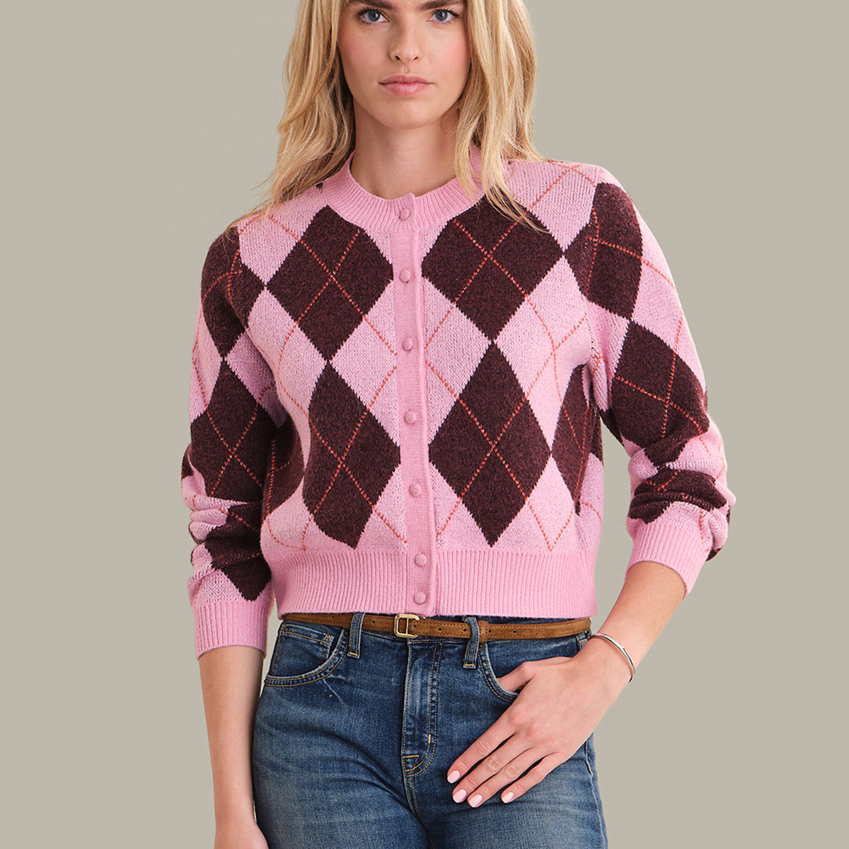 525 America Parker: Diamond Check Crewneck Cardigan