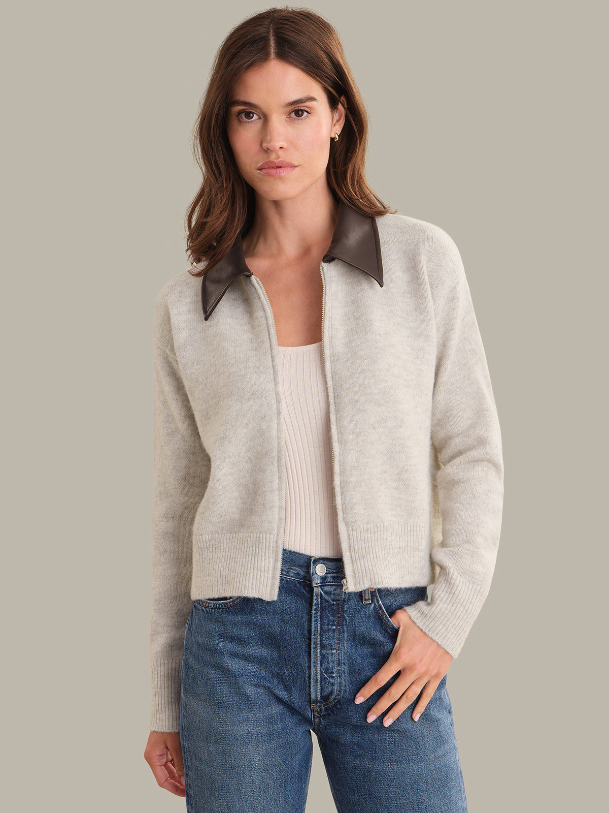 525 America Delaney: Faux Leather Collar Cardigan