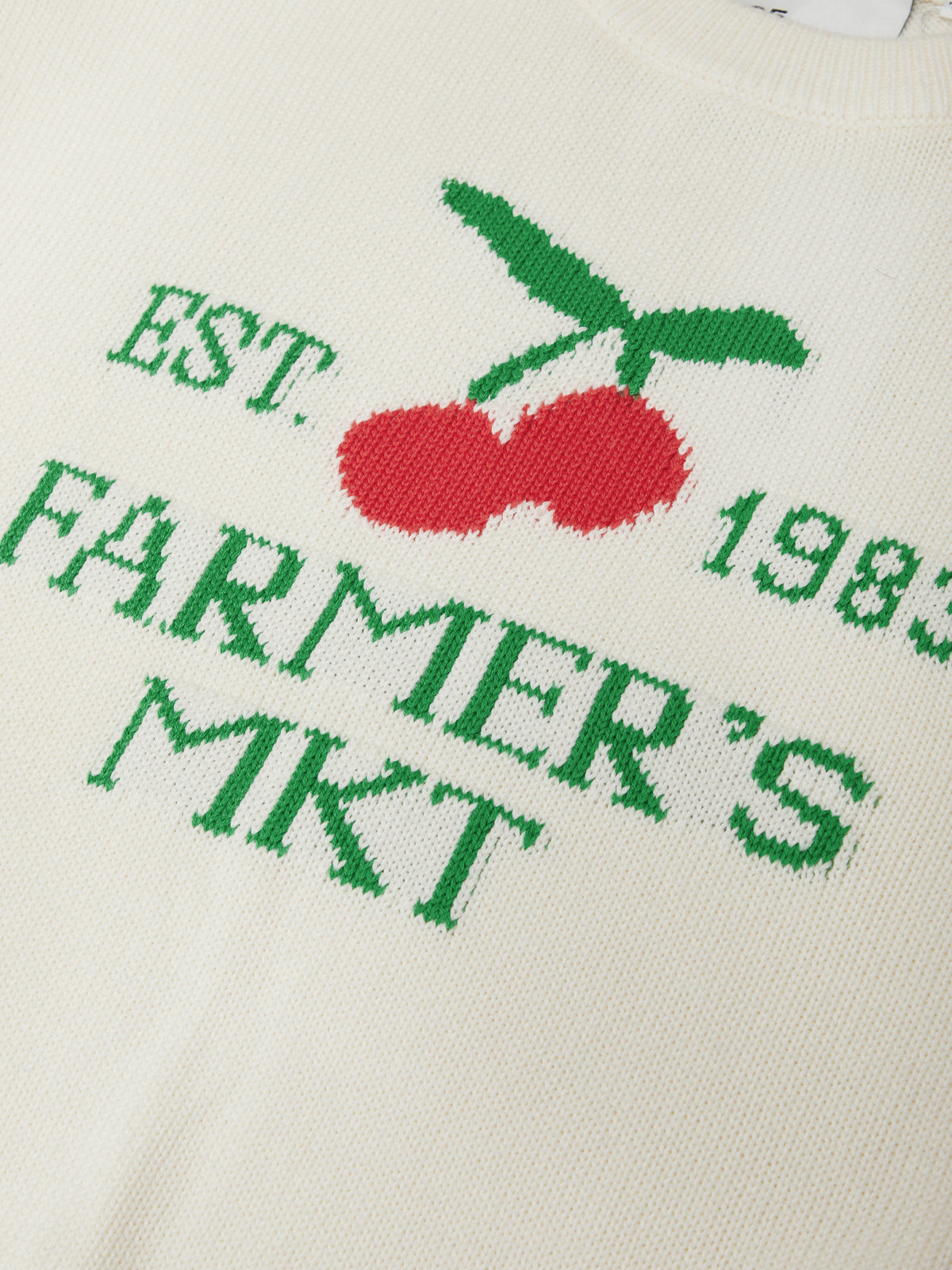 Text and cherry design on a white background with 'EST. 1983 FARMER'S MKT' and two red cherries.