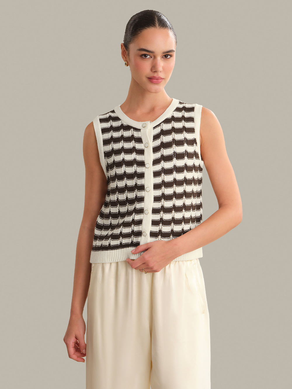 525 America Isla Striped Button Front Vest Chalk Combo / S