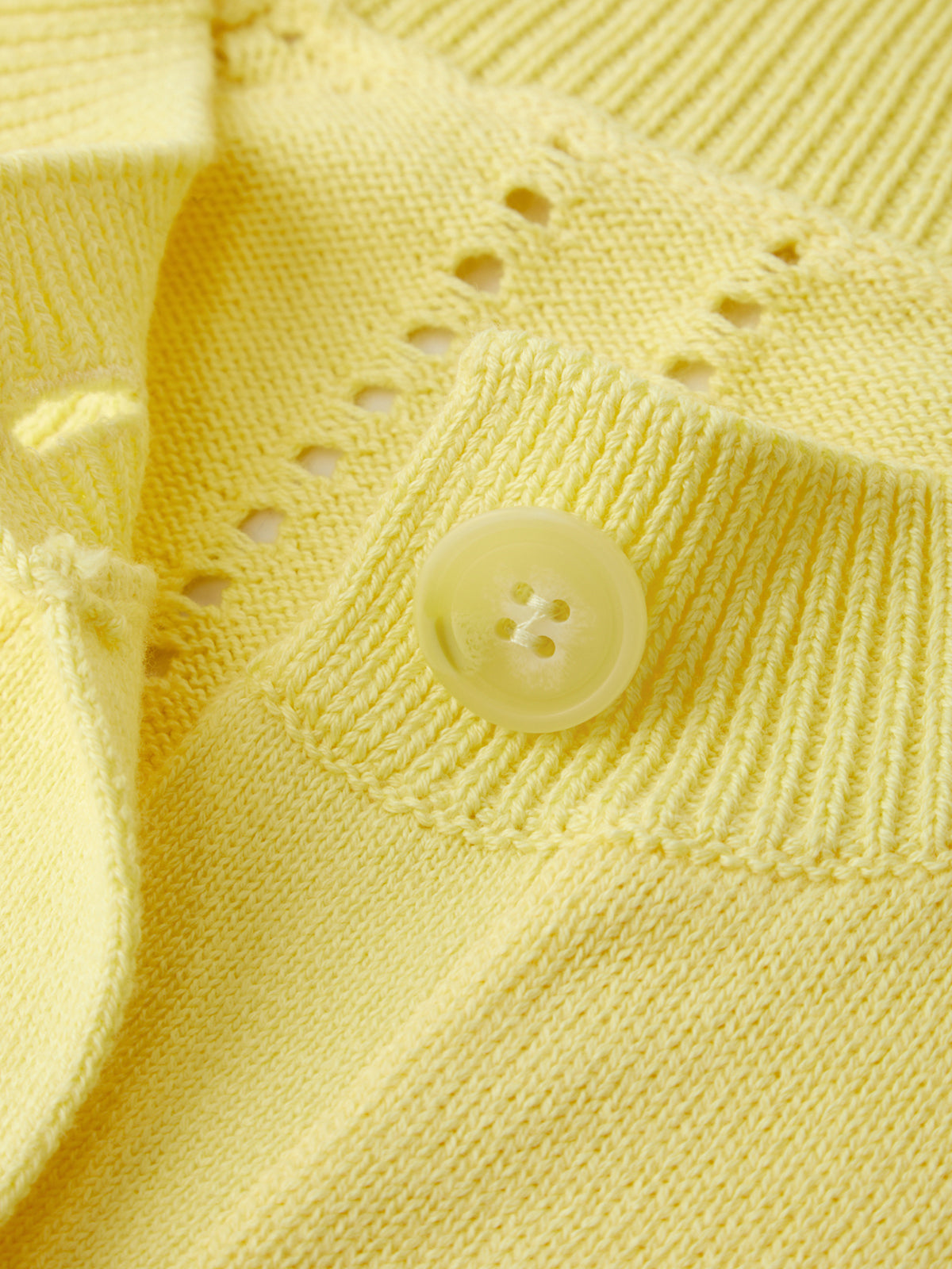 Close-up of a yellow knitted garment with a button