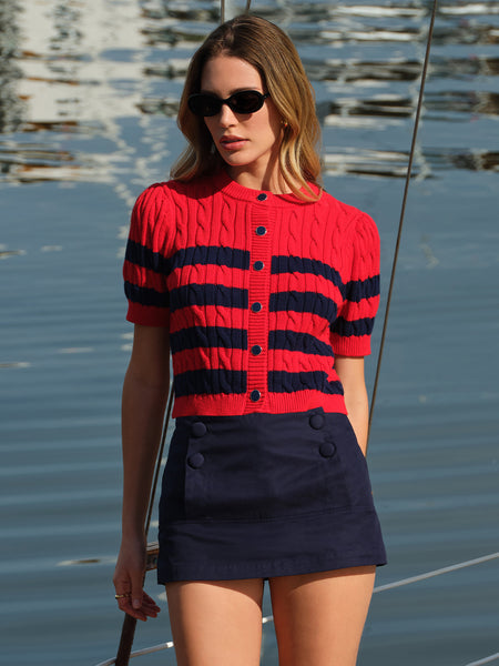 525 America Tallulah Striped Puff Sleeve Cable Cardigan