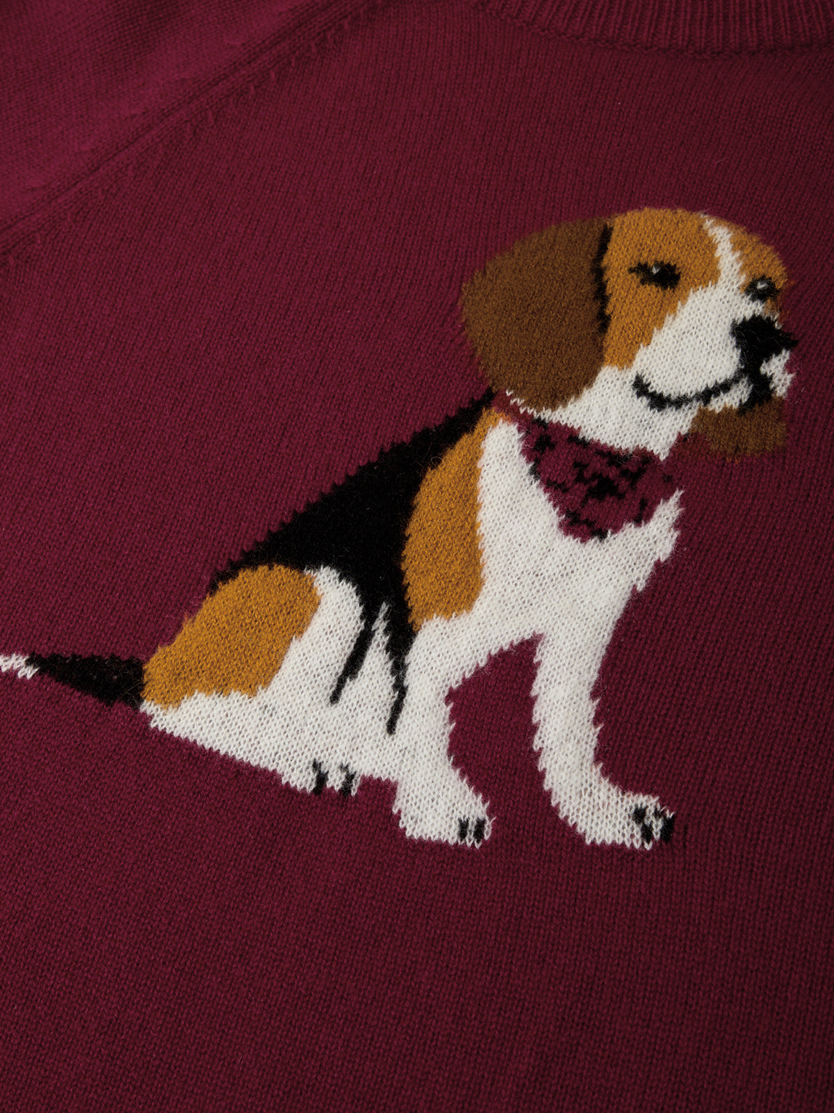 Embroidered dog design on a maroon fabric