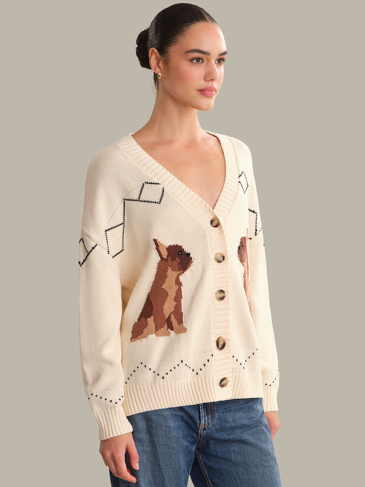 525 America Boston Terrier Intarsia Cotton Cardigan