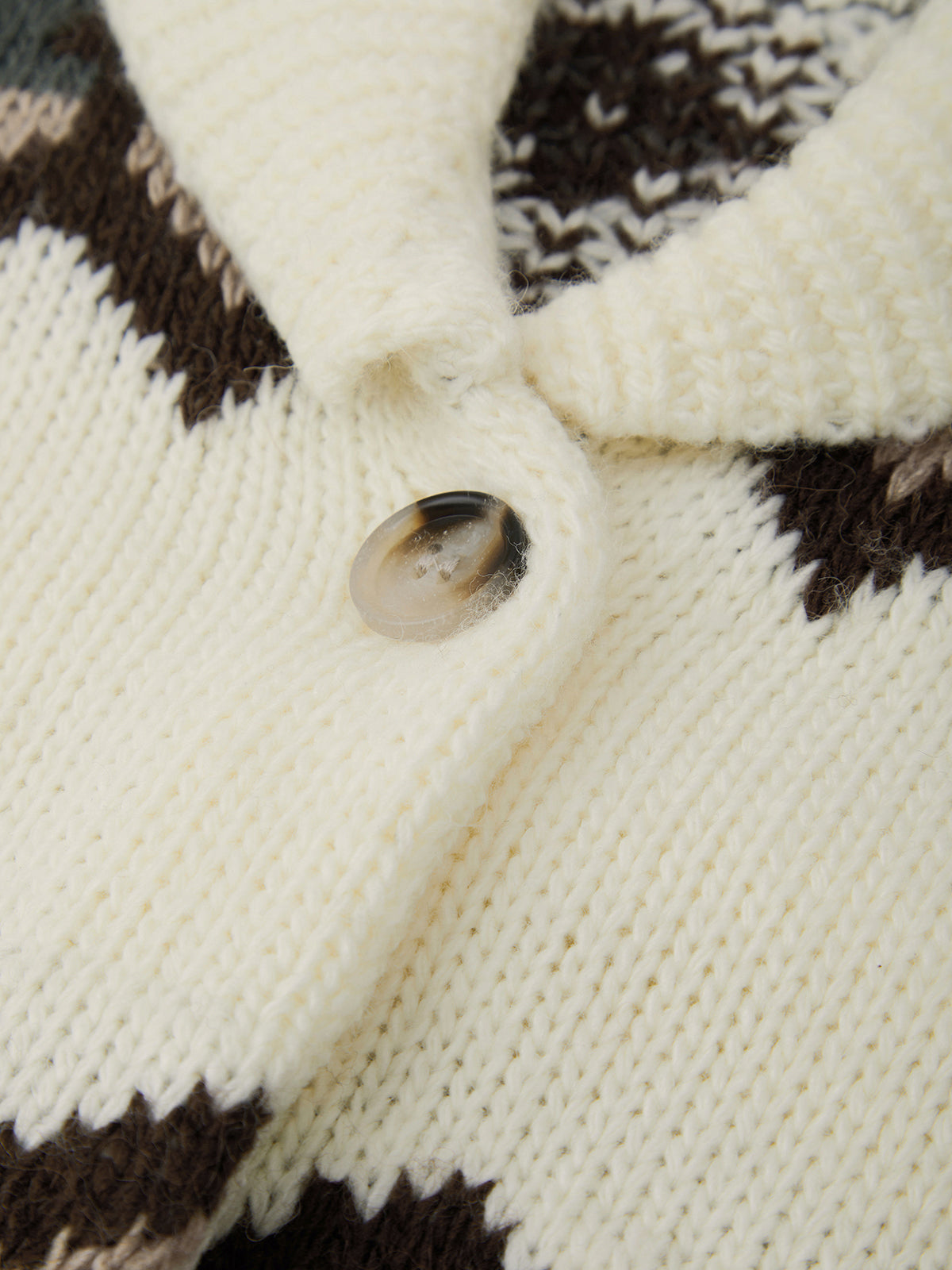 Close-up of a button on a knitted garment with a patterned background