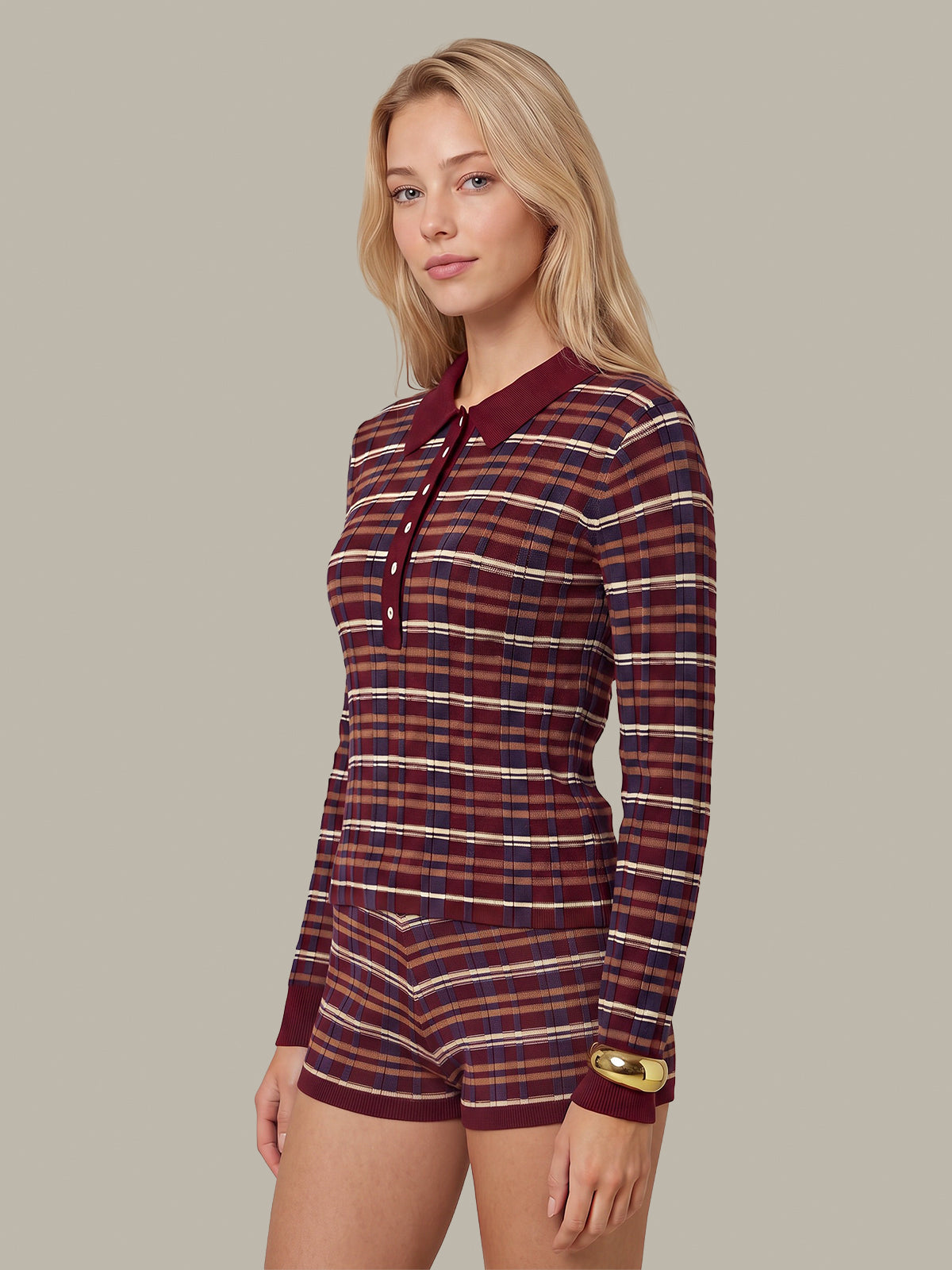 Sienna Plaid Rib Polo Top