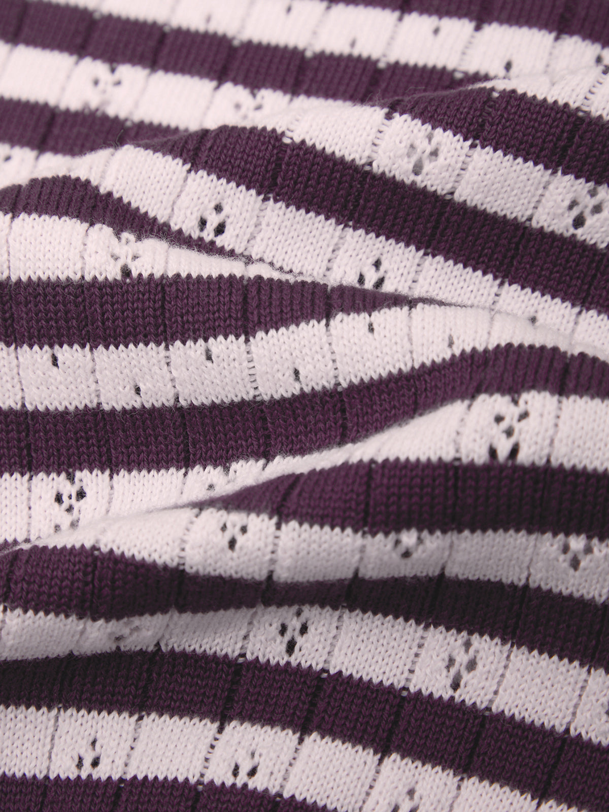 A close-up of a ribbed knit fabric with horizontal stripes in deep purple and white, featuring small openwork knit details.