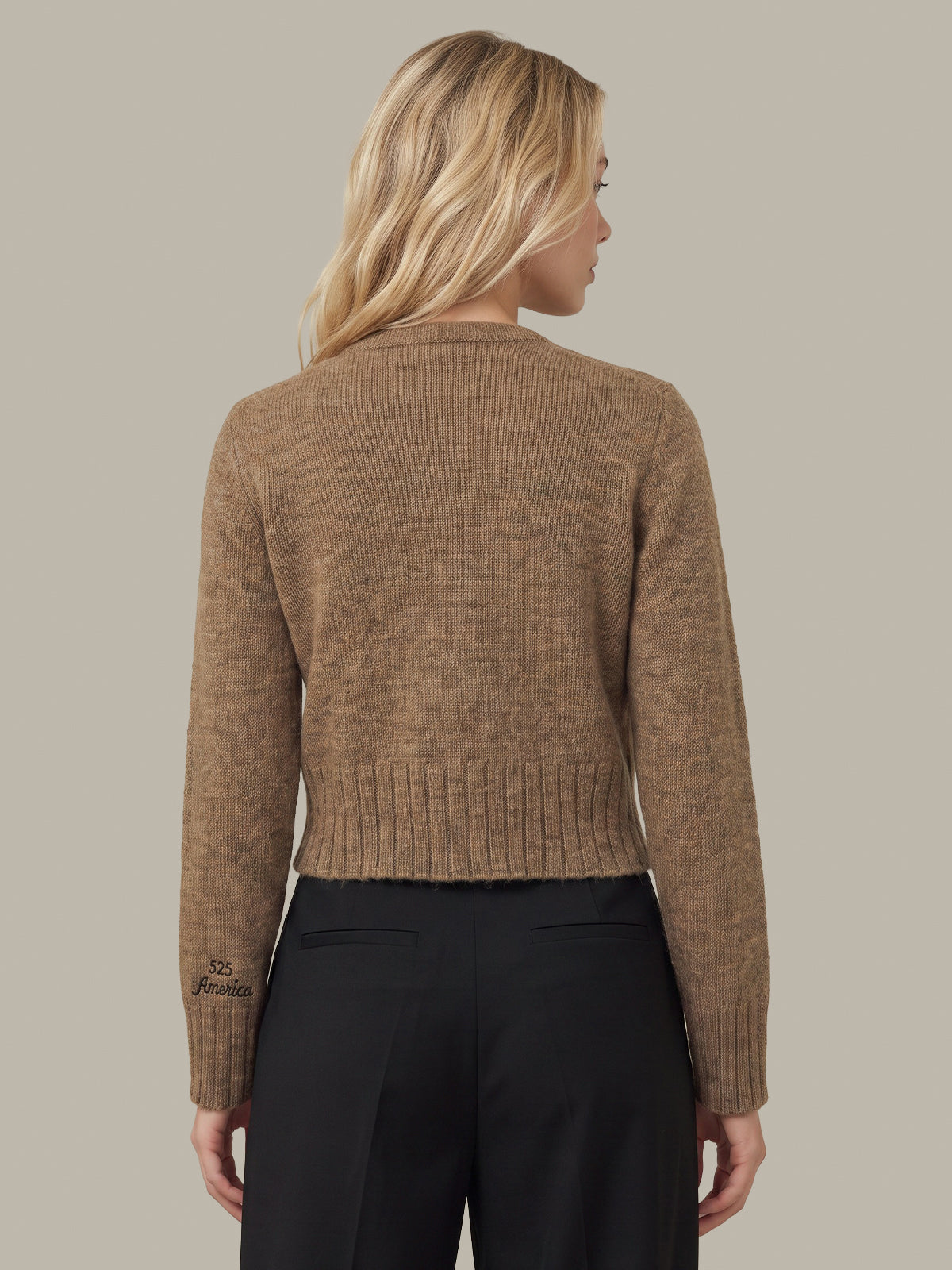 A woman shown from the back wearing a cropped, long-sleeve ribbed knit sweater in a heathered brown/tan color, paired with black trousers, against a solid light gray background.