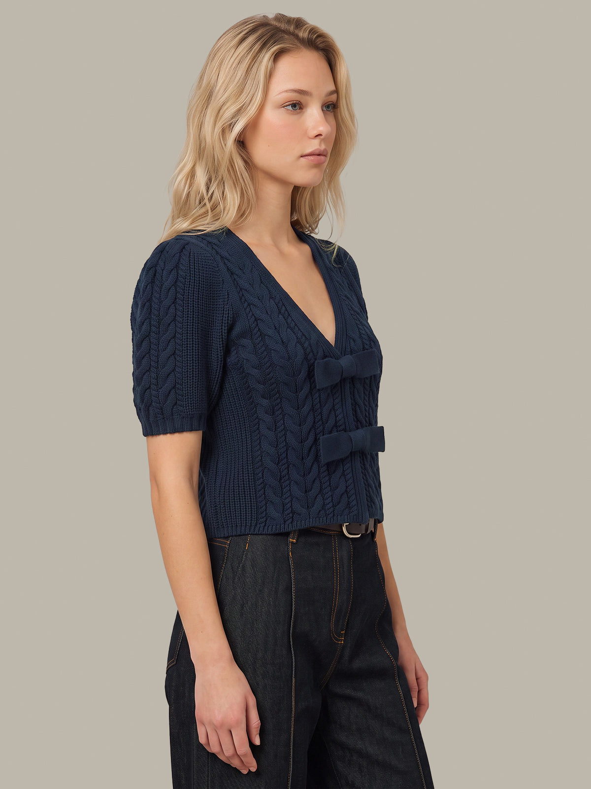Alexandra All Over Cable Puff Sleeve Bow Cardigan
