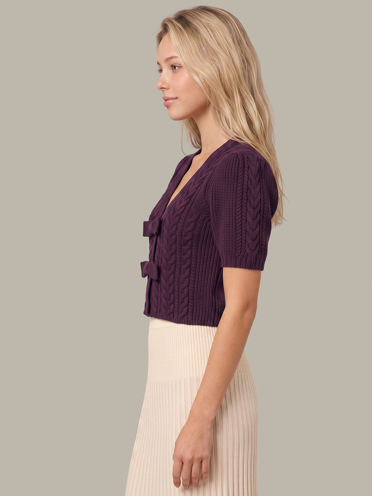 Alexandra All Over Cable Puff Sleeve Bow Cardigan