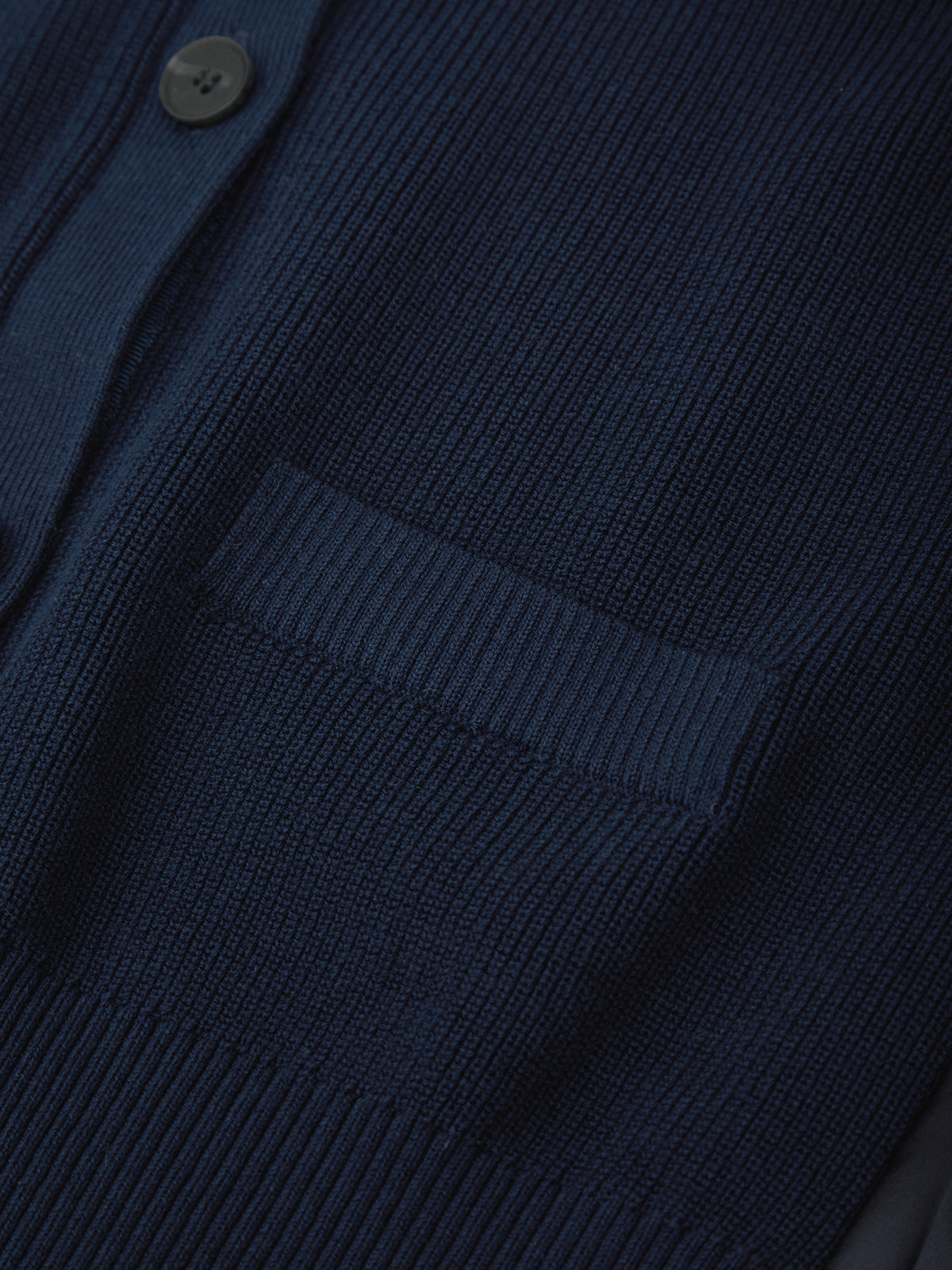 Close-up of a navy blue cardigan with a button detail