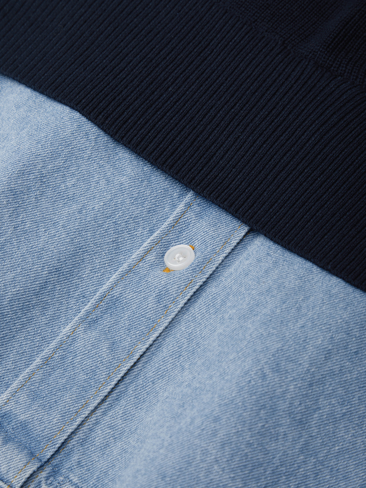 Close-up of a button on a denim jacket with a black sweater underneath.