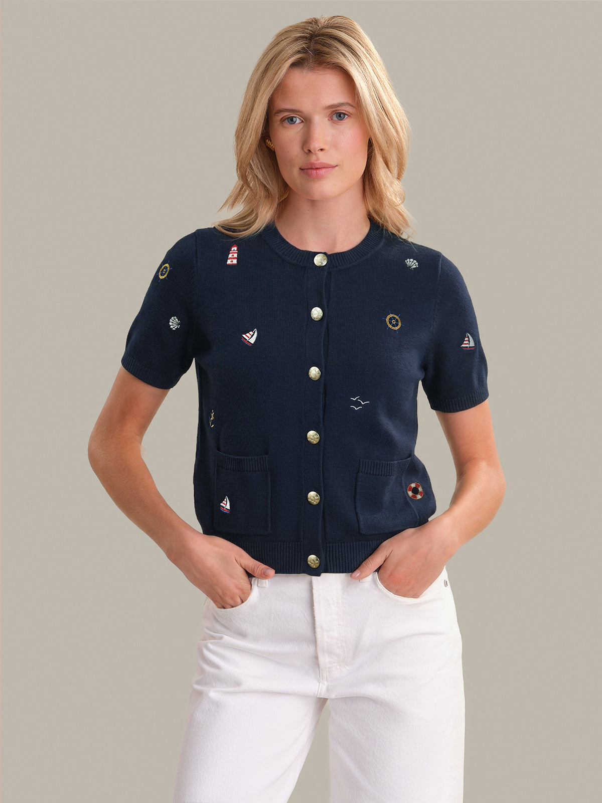 Beth: Nautical Embroidered Cotton Cardigan