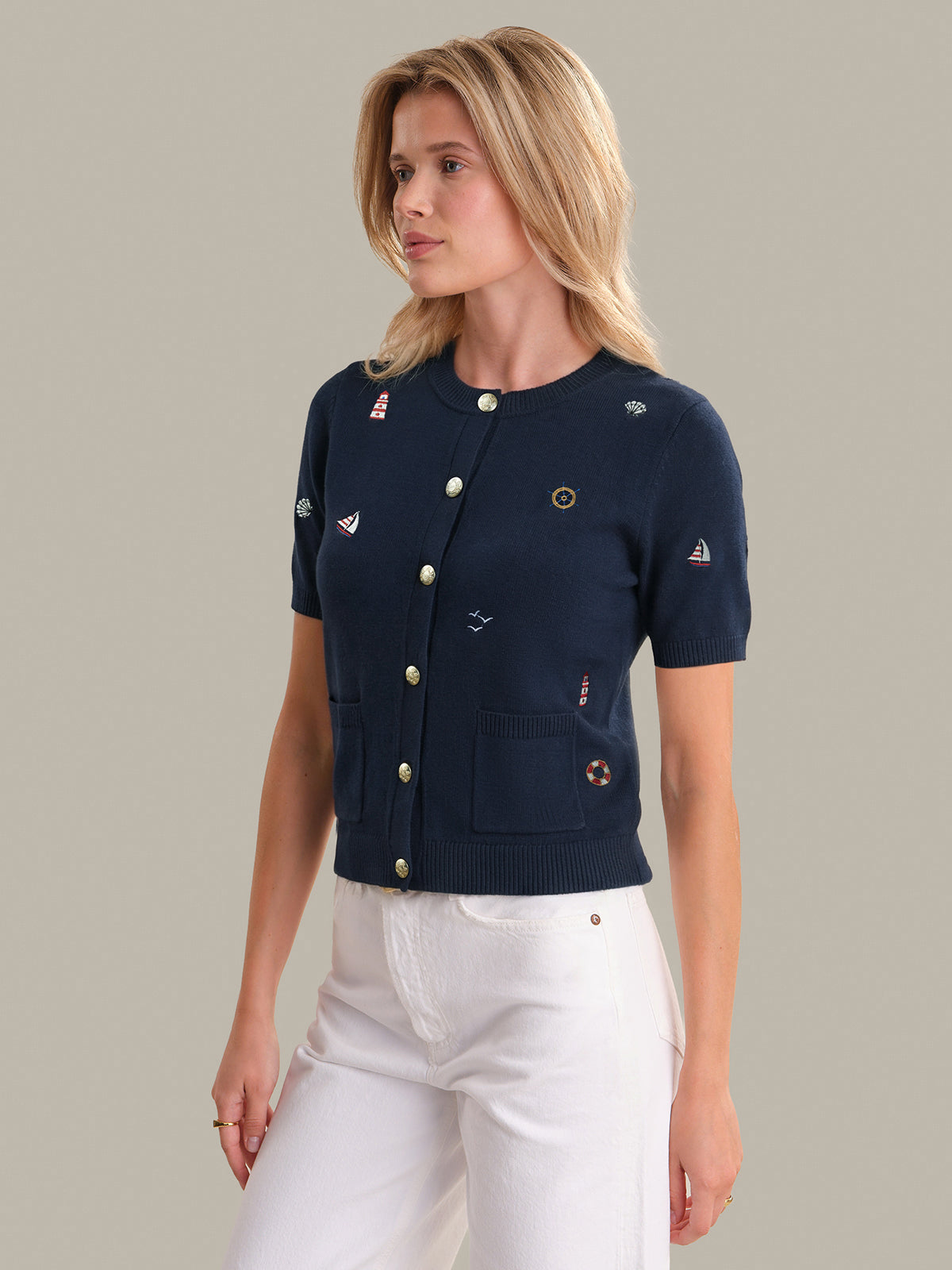 Beth: Nautical Embroidered Cotton Cardigan