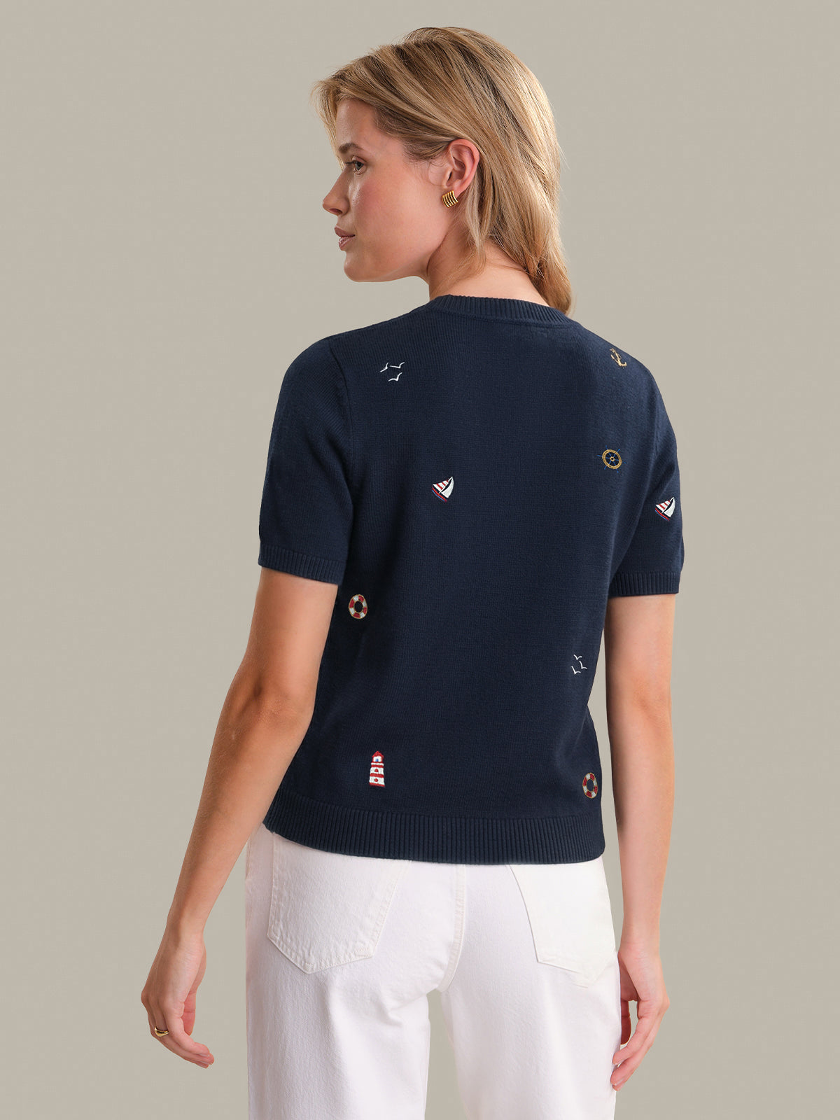Beth: Nautical Embroidered Cotton Cardigan