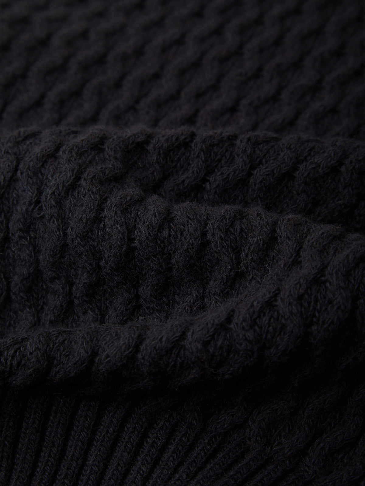 Close-up of a dark charcoal gray ribbed knit fabric texture, showing the detailed cable-like knit pattern.