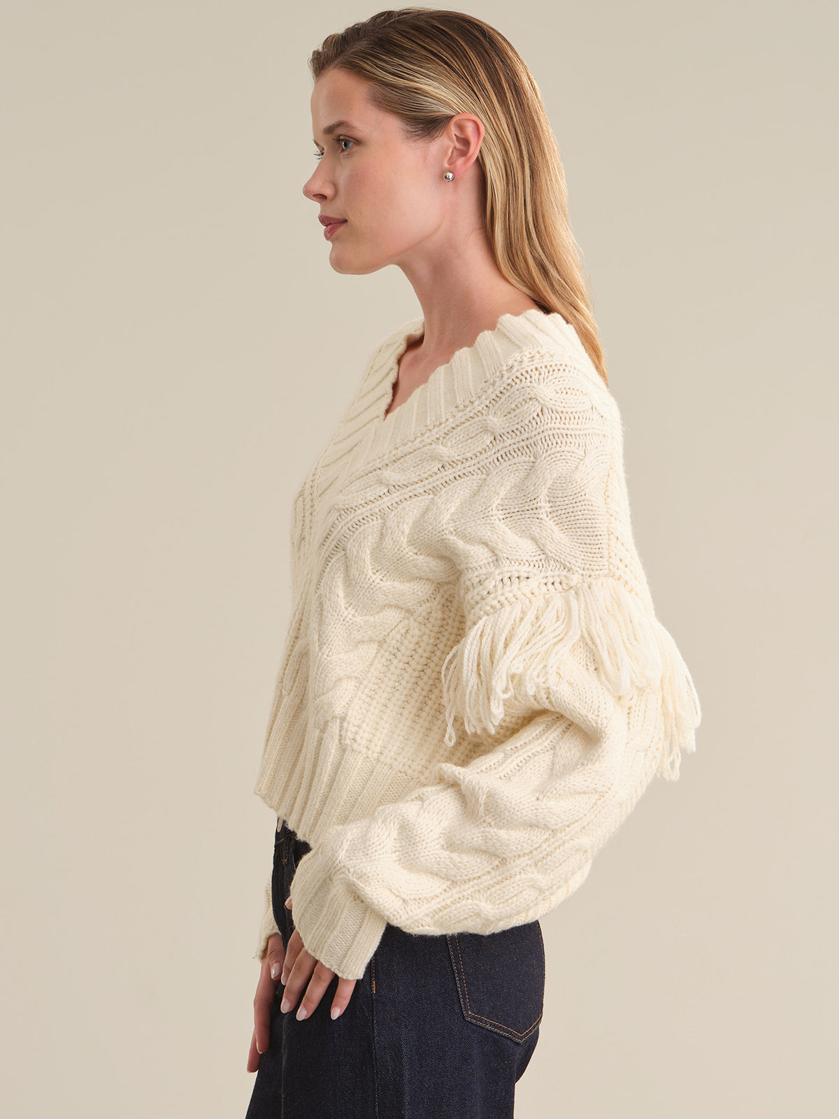Marceline Cable V-Neck With Fringe