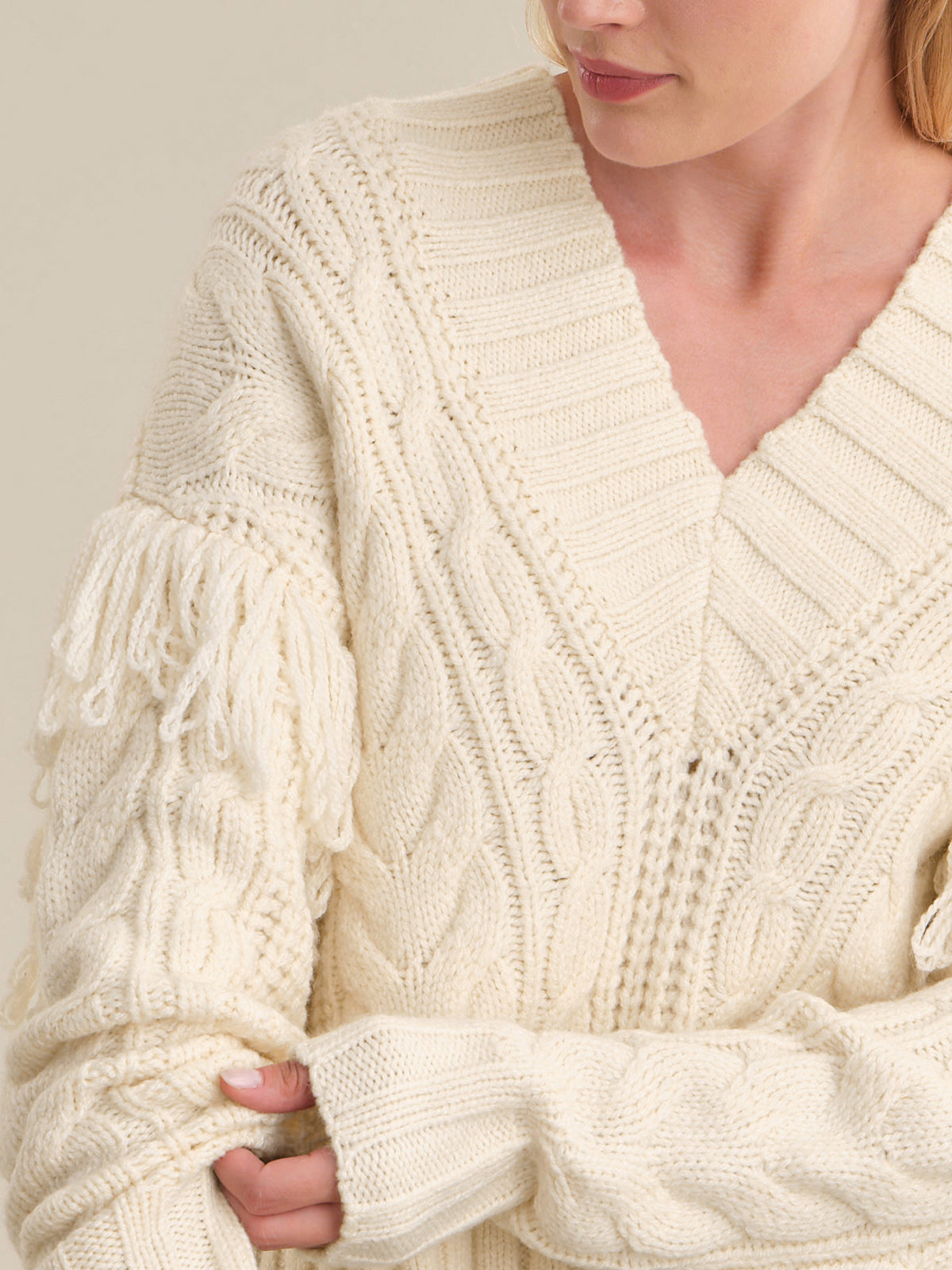 Marceline Cable V-Neck With Fringe