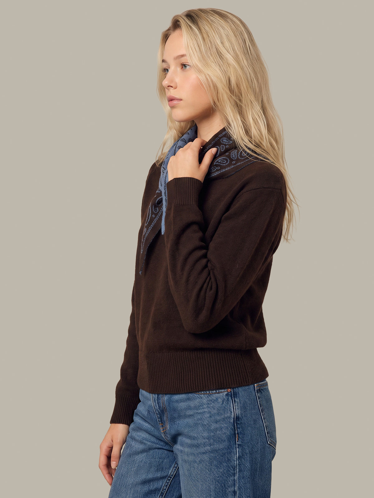 Lenn High Vee Pullover With Removable Paisley Scarf