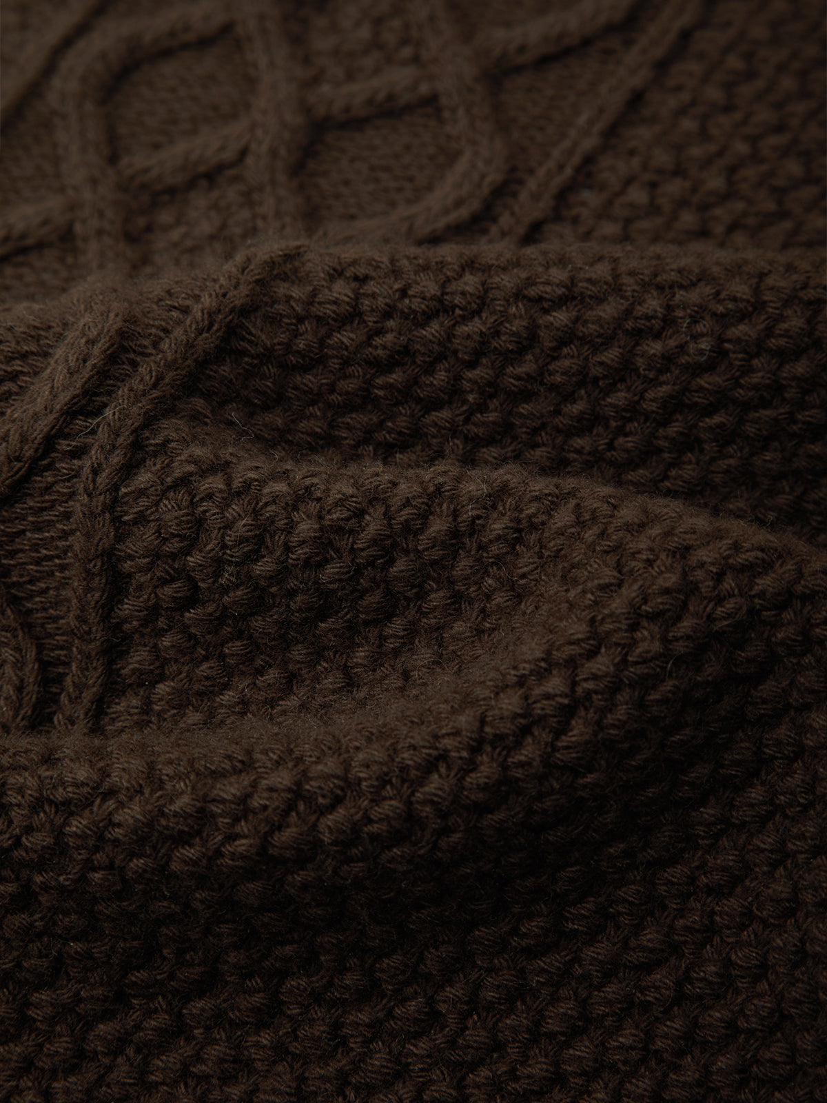 Close-up of a dark brown cable-knit fabric texture with detailed knit patterns and soft folds.