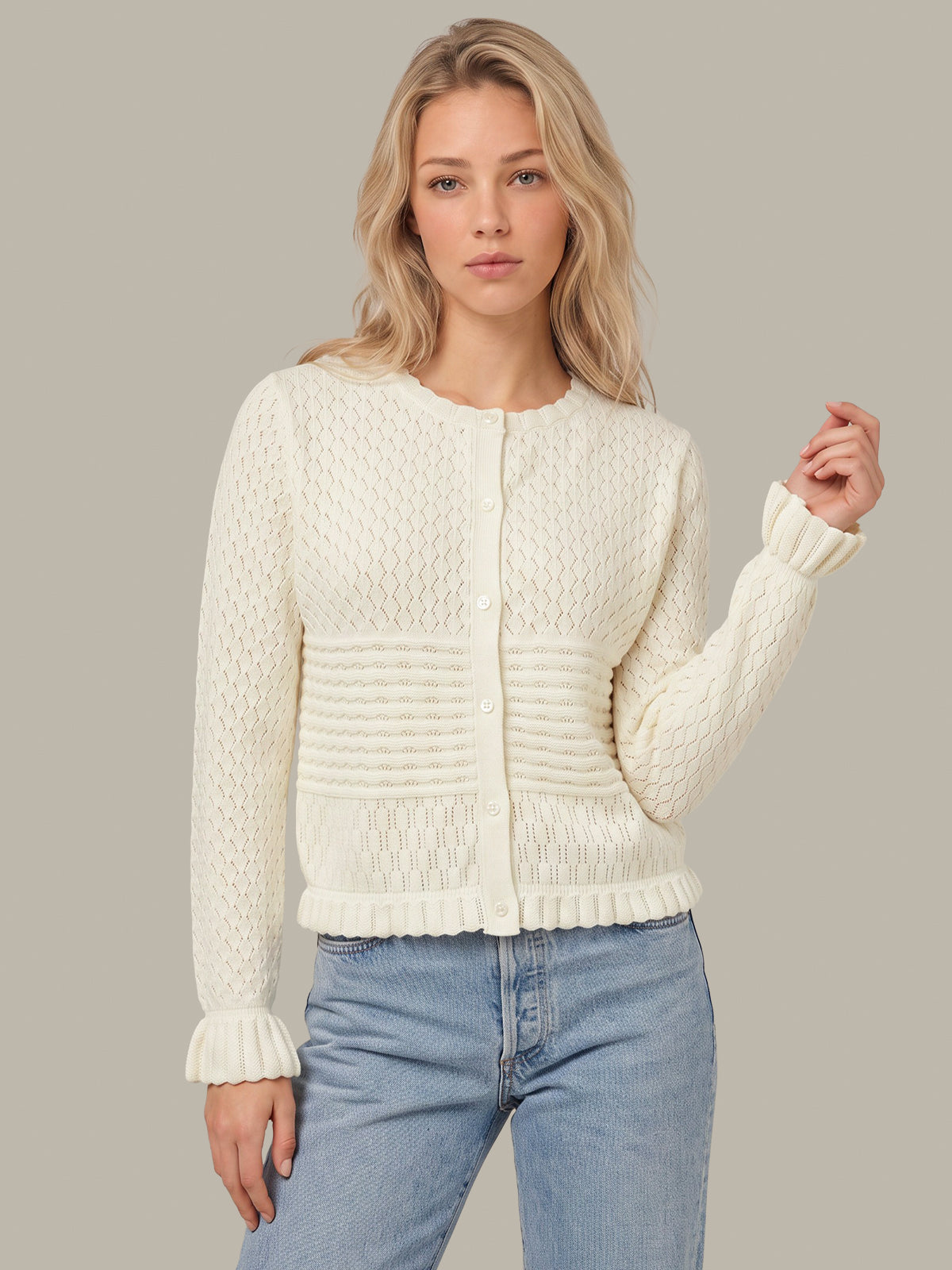 Adair: Pointelle Ruffle Trim Cotton Cardigan