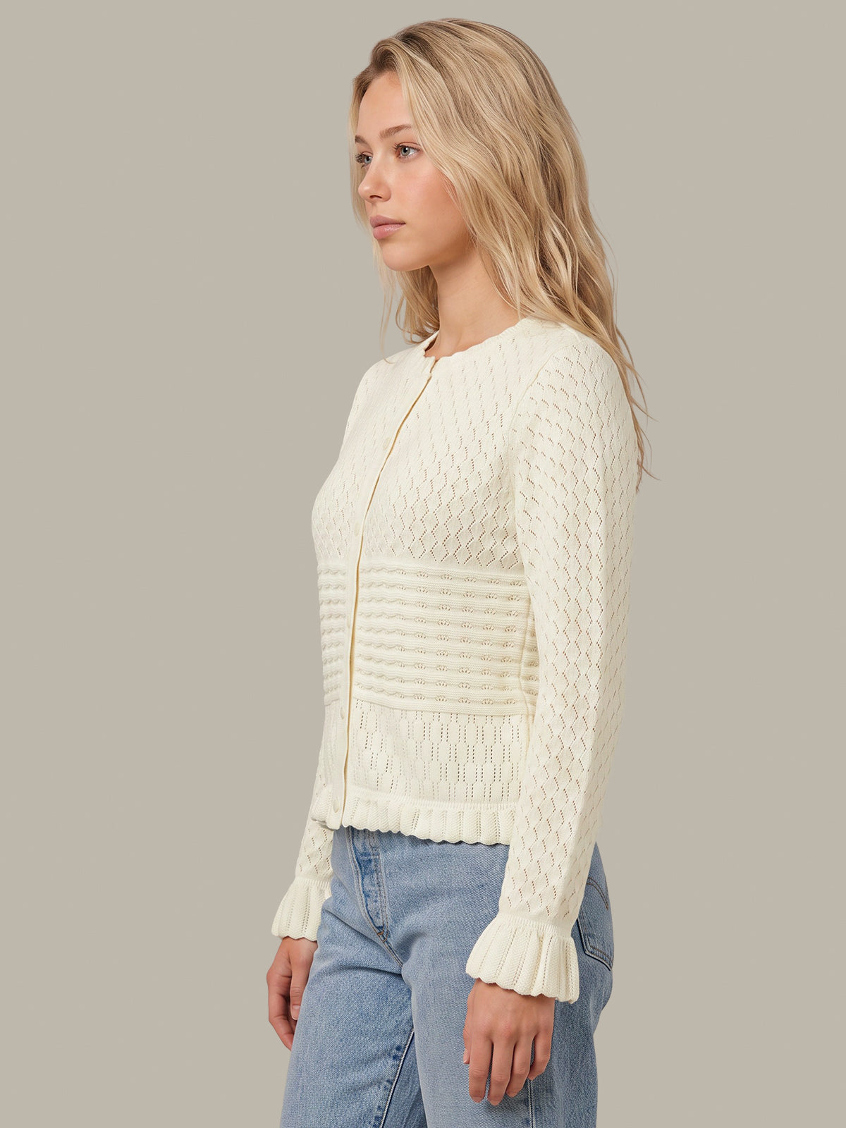 Adair: Pointelle Ruffle Trim Cotton Cardigan
