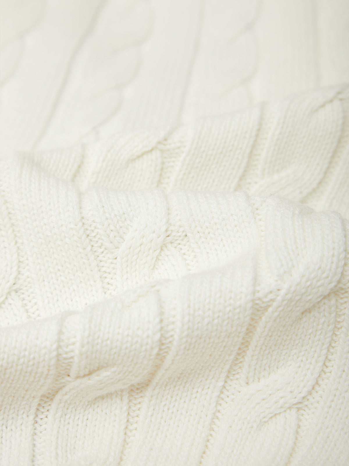 Close-up of a cream-colored cable-knit fabric with a detailed texture.
